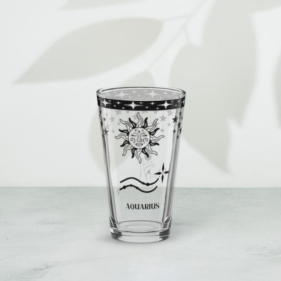 Aquarius Zodiac Pint Glass with Celestial Sun and Moon Design