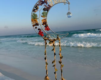 7 Chakra Gemstone Moon Shaped Suncatcher - Wire Wrapped Crystal Decor