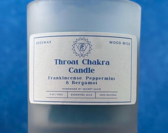 Throat Chakra Beeswax Wood Wick Candle | Essential Oils | Reiki Infused | 9 oz