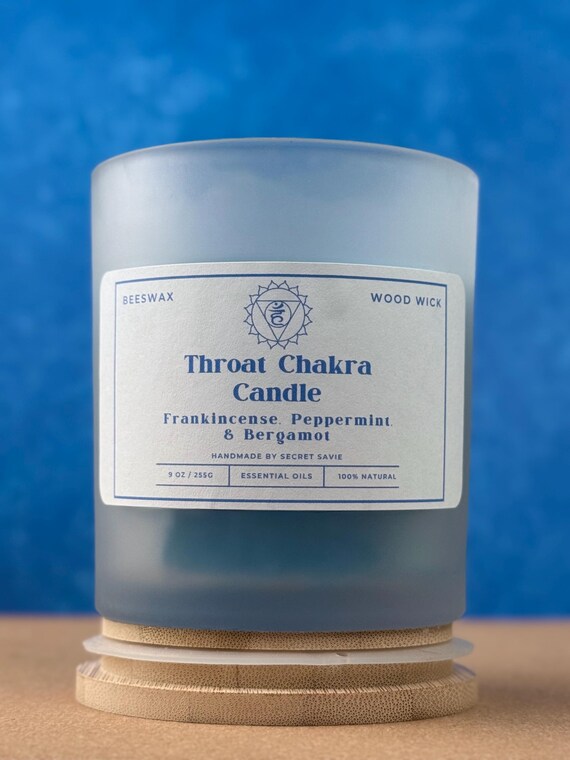Throat Chakra Beeswax Wood Wick Candle | Essential Oils | Reiki Infused | 9 oz