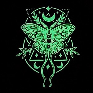 May include: A green glow-in-the-dark moth with intricate wings and a geometric design. The moth is surrounded by a circle with a crescent moon and stars.