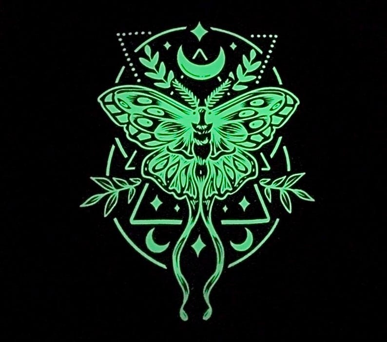 May include: A green glow-in-the-dark moth with intricate wings and a geometric design. The moth is surrounded by a circle with a crescent moon and stars.