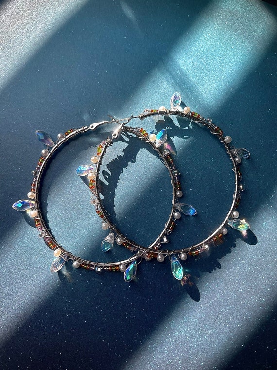 Handmade XL Sunrise Hoop Earrings - Iridescent Crystal & Pearl Statement Jewelry