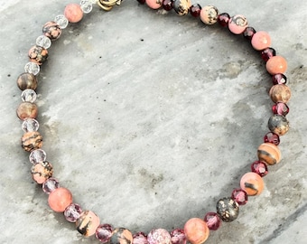 Rhodonite Beaded Anklet, Pink Ombre Crystal Anklet, Handmade Gemstone Anklet, Delicate Boho Beach Anklet, Pink Gradient Jewelry