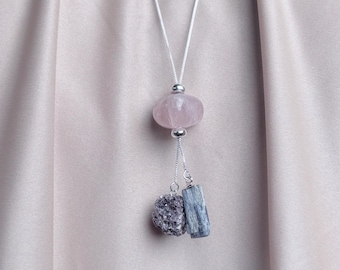 Adjustable Tranquility Necklace • Rose Quartz + Lepidolite & Kyanite Pendant • Sterling Silver Chain