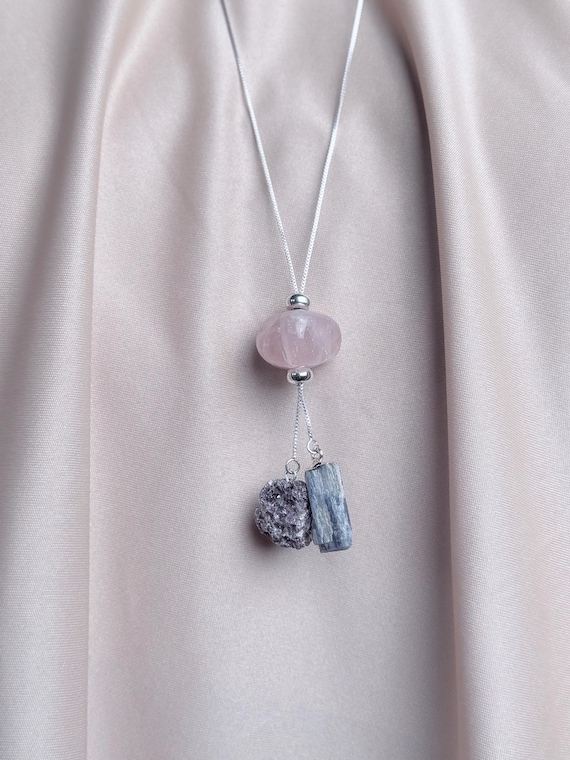 Adjustable Tranquility Necklace • Rose Quartz + Lepidolite & Kyanite Pendant • Sterling Silver Chain