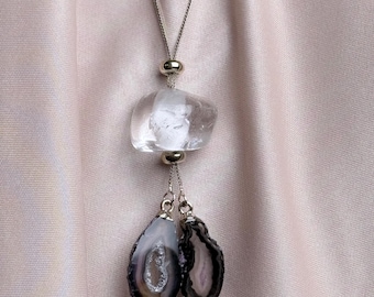 One of a Kind Clear Quartz & Double Agate Slice Necklace • 5 Unique Pieces •  Gold Chain