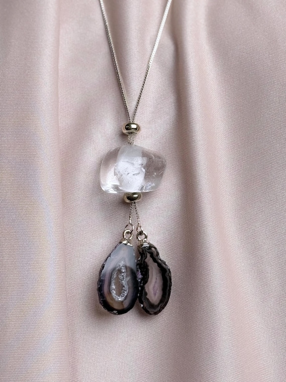 One of a Kind Clear Quartz & Double Agate Slice Necklace • 5 Unique Pieces •  Gold Chain