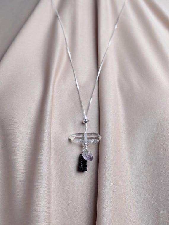 Adjustable 'Good Luck' Necklace • Raw Clear Quartz + Amethyst & Black Tourmaline Pendant • Silver Chain