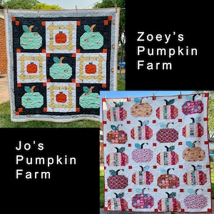 Puede incluir: Dos colchas hechas a mano con temática de calabaza. La colcha de la izquierda es negra con cuadrados blancos y naranjas y tiene el texto "Jo's Pumpkin Farm". La colcha de la derecha es blanca con cuadrados rojos y naranjas y tiene el texto "Zoey's Pumpkin Farm".