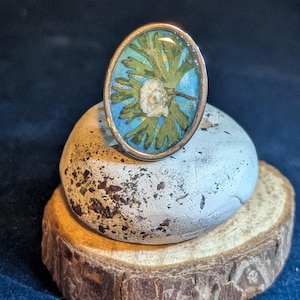 May include: A silver ring with a white flower and green leaves encased in resin. The flower and leaves are set against a blue background.
