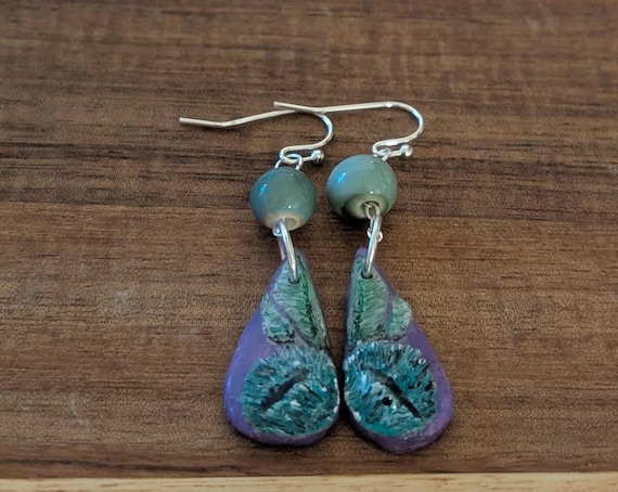 Blue Dahlia: Hand-carved and painted clay and resin earrings. Handmade jewelry. Silvertone drop earrings.