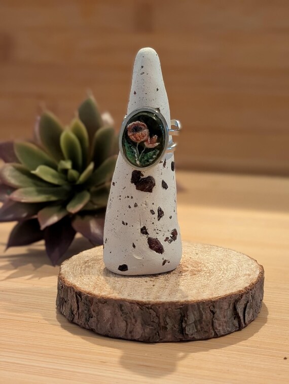Summer's Bliss: SHand-carved and painted clay and resin statement ring. Handmade jewelry. Pink, green, silver-tone, stainless alloy.