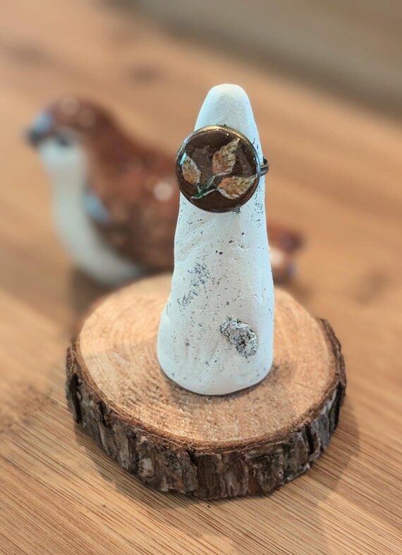 Fall leaves: Hand-carved and painted clay and resin statement ring. Handmade jewelry. Warm yellow, orange, brown, green, and bronze.