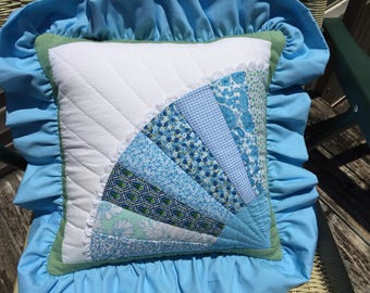 Hand-quilted Grandmother's Fan Pillow in Shades of Blue with Green Accents