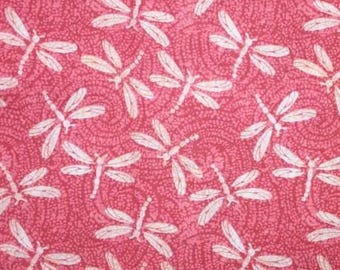 One Yard of Coral Pink Dragonfly Cotton Fabric, Quilting Fabric By The Yard, Quilting Cotton, Orange Pink Red White, Insects Fabric