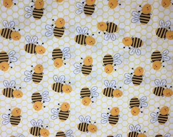 One yard of Yellow Bees Quilting Fabric by the Yard, Quilting Cotton, Yellow Black White, Honeycomb Hexagons, Bees in the Hive