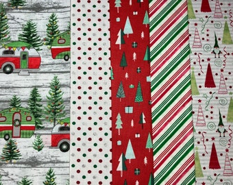 Christmas Holiday Fat Quarter Bundle, Red and Green Camper, Christmas Trees, Dots and Stripes, Gnomes, Stars, Quilting Fabric, Winter Season