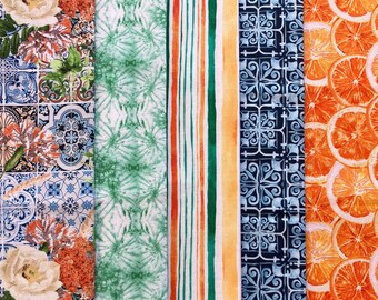 Summer Citrus Cotton Fat Quarter Bundle, Quilting Fabric, Floral, theme Fabrics, Quilting Cotton, Green Yellow Orange Blue White