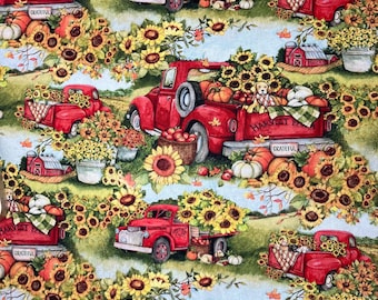 Tela de algodón para patchwork con estampado de camión rojo y cosecha otoñal, tela de otoño cortada a medida, naranja, amarillo y rojo, girasoles, calabazas, perros, coches antiguos.