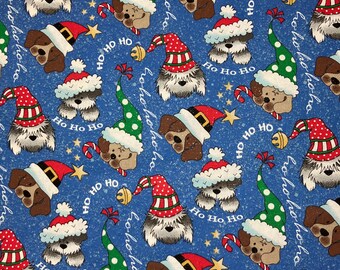 Christmas Holidays Dog Quilting Cotton Fabric, Fabric by the Yard, Blue Green Red, Santa Hat Reindeer Candy Canes