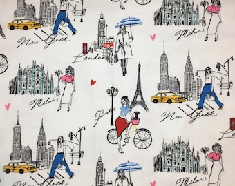 One yard of Fashion Travel Flannel Fabric, Red Pink Yellow Blue Black White, Paris Milan London New York, Europe, By the Yard, Fashion Girls