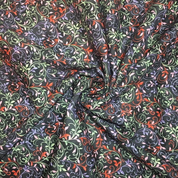 One Yard of Colorful Swirls on Black Premium Quilting Cotton, Fabric by the Yard, Whimsical, Green Purple Red, Floral Leaves, BTY