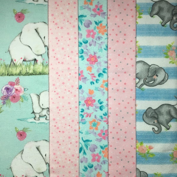 Elephants with Watercolor Flowers Flannel Fat Quarter Bundle, Pink and Blue Flannel Fabric, Gray Dots and Stars, Floral Flowers, Blue Stripe