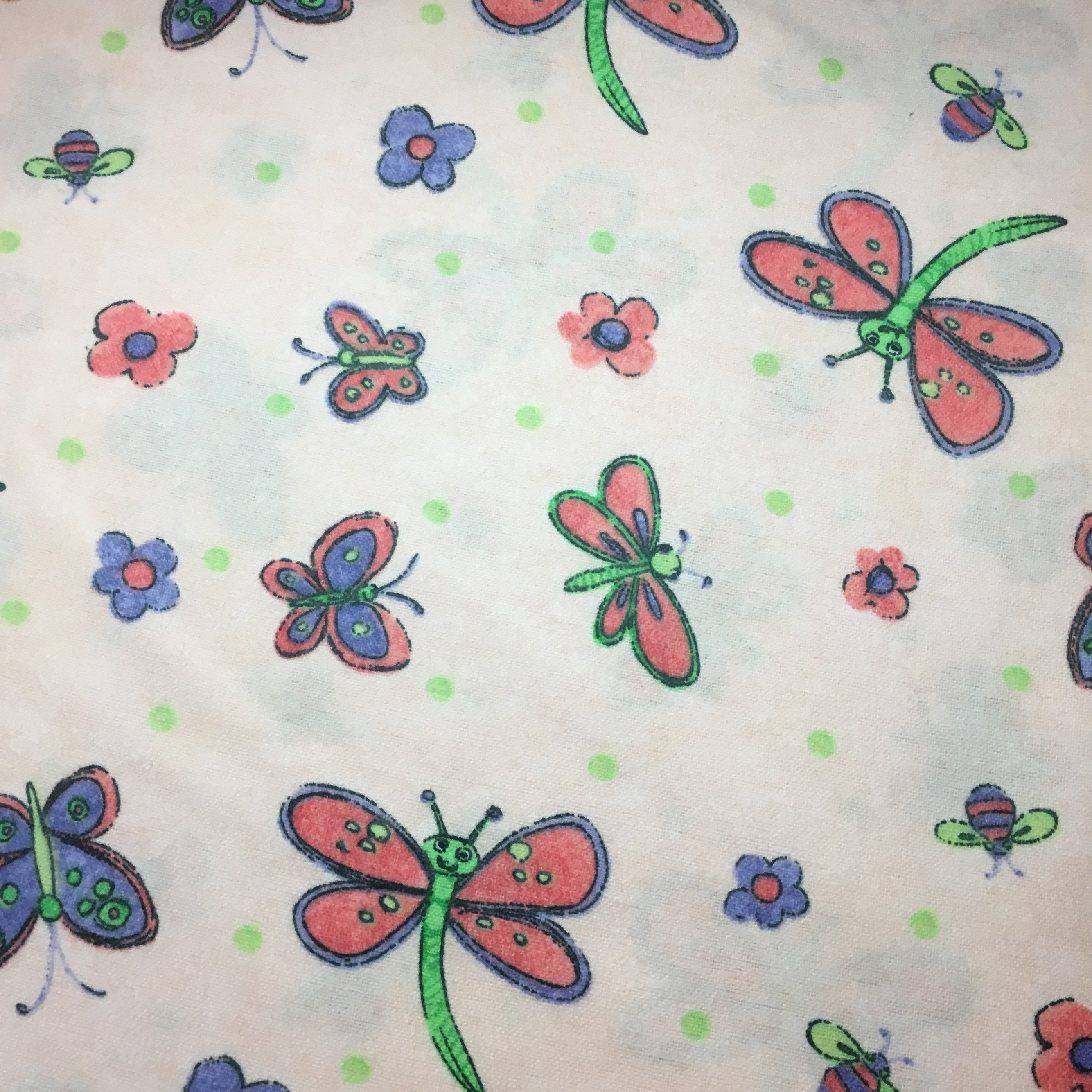 Dragonflies and Butterflies on Pink Flannel Fabric By The Yard, Green Orange Pink Purple, children's animals prints Flannel