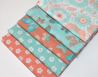 Blue and Coral Cotton Fat Quarter Bundle, Quilting Fabric, Quilting Cotton, Flowers and Butterflies,