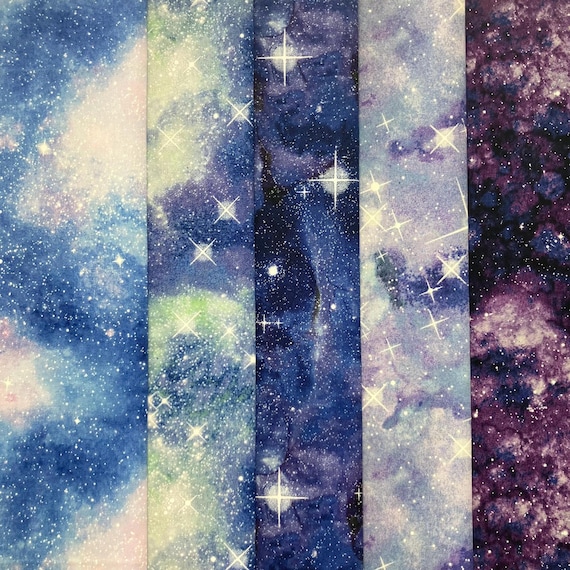 Celestial Cotton Fat Quarter Bundle, Quilting Fabric, Blue Black Purple Green Pink Fabrics, Quilting Cotton, Outer Space Stars