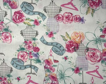 One Yard of Fashion and Flowers Cotton Fabric, Quilting Fabric, Quilting Cotton, Red Pink Orange Mint Blue Green Black White, By the Yard
