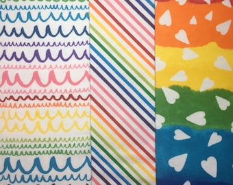 Rainbow Flannel Fat Quarters, Colorful Collection Squiggles Lines Hearts, Set of Three Flannels