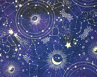 Yard of Zodiac Constellations Quilting Cotton Fabric, Celestial Purple and Black with Gold, Cotton Quilting Fabric, By the Yard