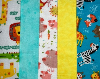Paquete de cuartos gordos de franela azul y amarilla con animales, juego de telas amarillas y azules, selva, bosque y animales de granja