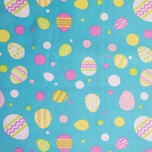 One Yard of Easter Eggs on Blue quilting cotton fabric, Blue Pink Orange Green, Colorful Children’s Fabric Patterns, Holidays