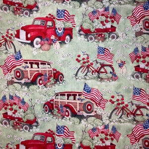 Red Trucks Patriotic Quilting Cotton Fabric, One Yard, Red White and Blue, Fourth of July Celebration, Dogs, Vintage Cars