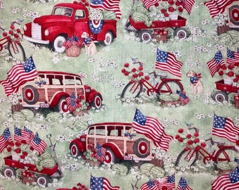 Red Trucks Patriotic Quilting Cotton Fabric, One Yard, Red White and Blue, Fourth of July Celebration, Dogs, Vintage Cars