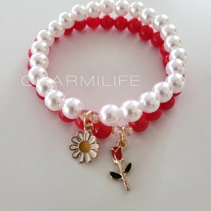 2 Red and White Beaded Bracelets, Daisy Bracelet, Rose Bracelet, Crystal Stackable Bracelets for women, Charm Bracelets, Christmas gifts