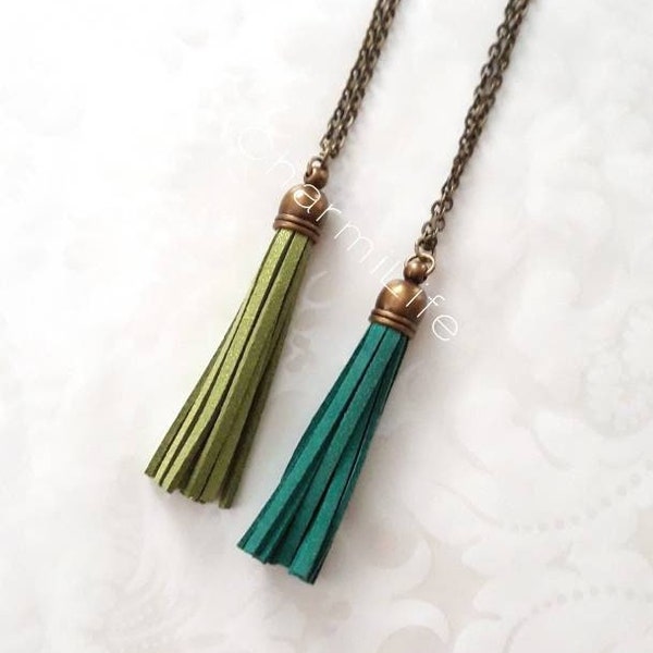 Emerald green tassel necklace olive green long boho necklace bohemian necklace layering necklaces for women vintage necklace rustic fall