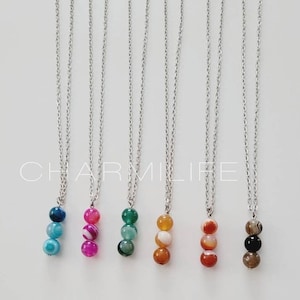 Blue agate pendant silver necklace gemstone bar choker layering necklaces for women simple dainty boho necklace birthday gifts orange green