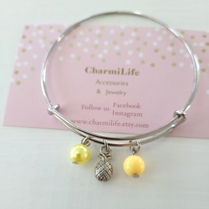Pineapple Charm Bracelet, Silver Bangle, Yellow Bead Bracelet, Stackable Bracelets, Gifts for Women, Birthday Gifts, Beach spring summer