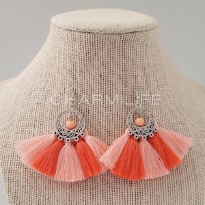Coral peach fan tassel earrings dangle earrings for women statement earrings ombre fringe earrings boho earrings summer beach wedding gifts