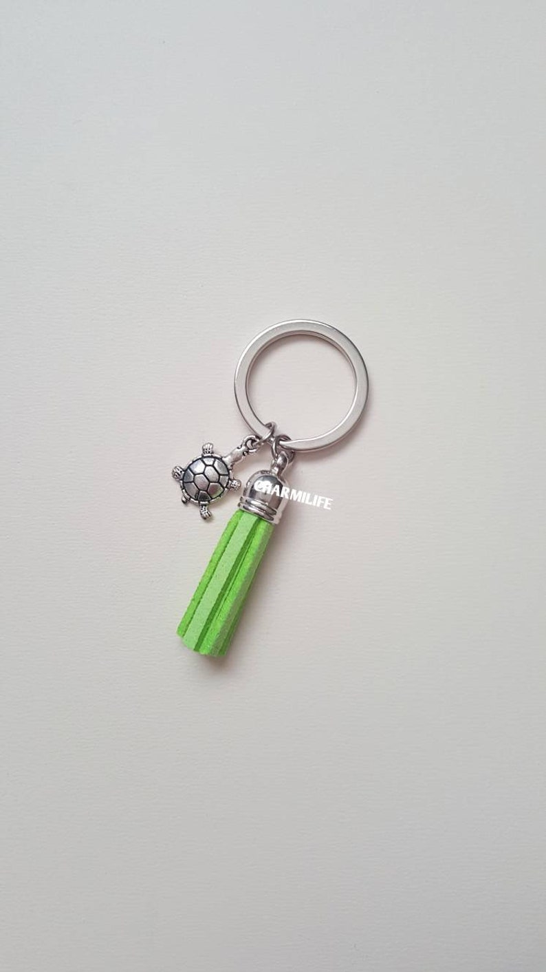 Lime Green Tassel Keychain Silver Charm Turtle Keychain Cute Etsy