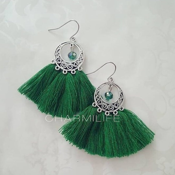 Dark green fan tassel earrings statement earrings emerald crystal earrings dangle earrings for women boho earrings bohemian rustic spring