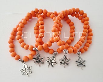 Orange wood beaded bracelet,  silver leaf charm bracelet, stackable bracelets for women, friendship gifts boho bracelet, fall autumn jewelry