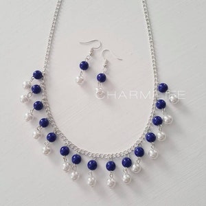 Royal blue necklace with earrings bib chunky pearl necklace silver statement necklaces for women fall wedding Jewelry sets birthday gifts