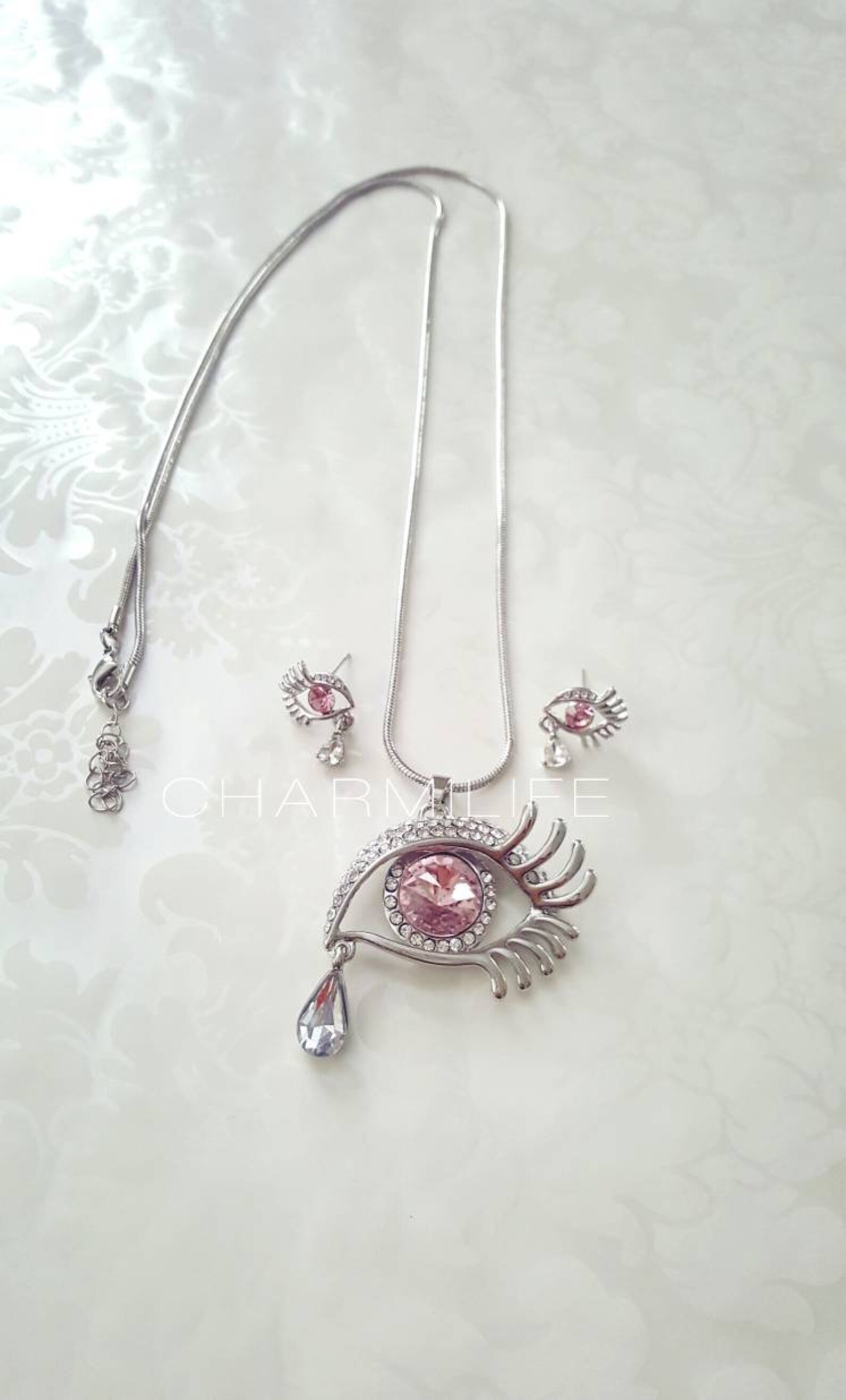 Pink Crystal Eye Pendant Necklace Silver Statement Necklace Etsy