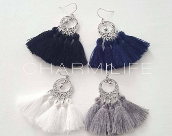 Fan tassel earrings, statement earrings, dangle earrings for women, boho earrings,  fringe earrings, navy blue, grey, white, black, Gifts