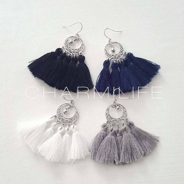 Fan tassel earrings, statement earrings, dangle earrings for women, boho earrings,  fringe earrings, navy blue, grey, white, black, Gifts